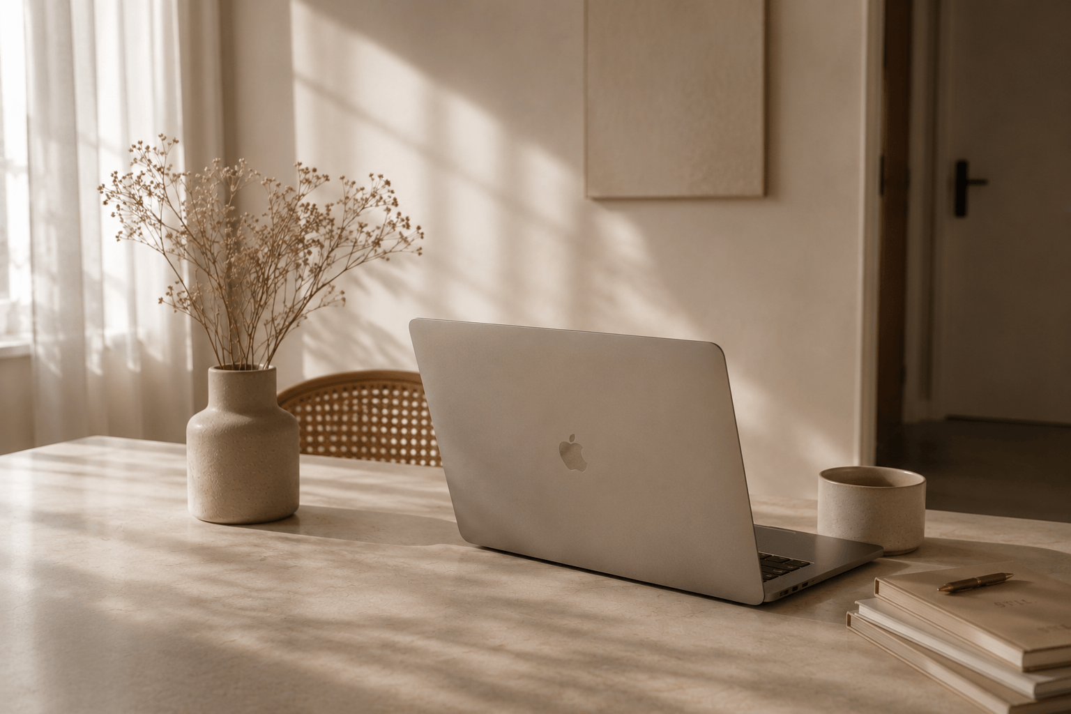 Premium minimalistische werkplek met MacBook op een marmeren tafel in warm natuurlijk licht.